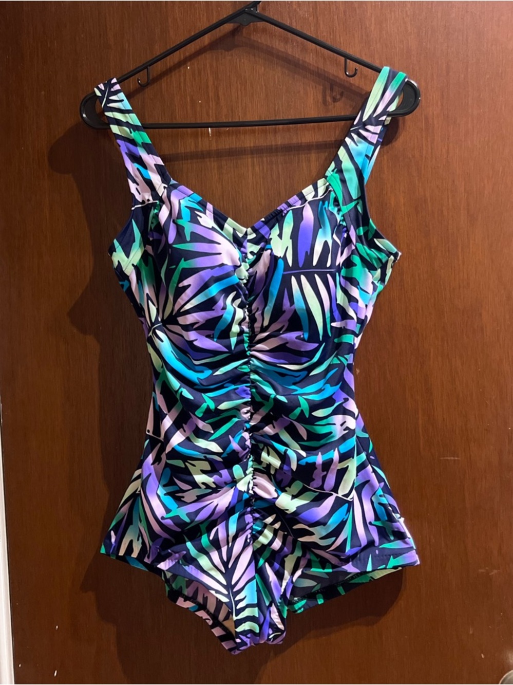 Maxine of Hollywood One Piece Swimsuit Purple & Blue Tropical Leaf Pattern Sz 14